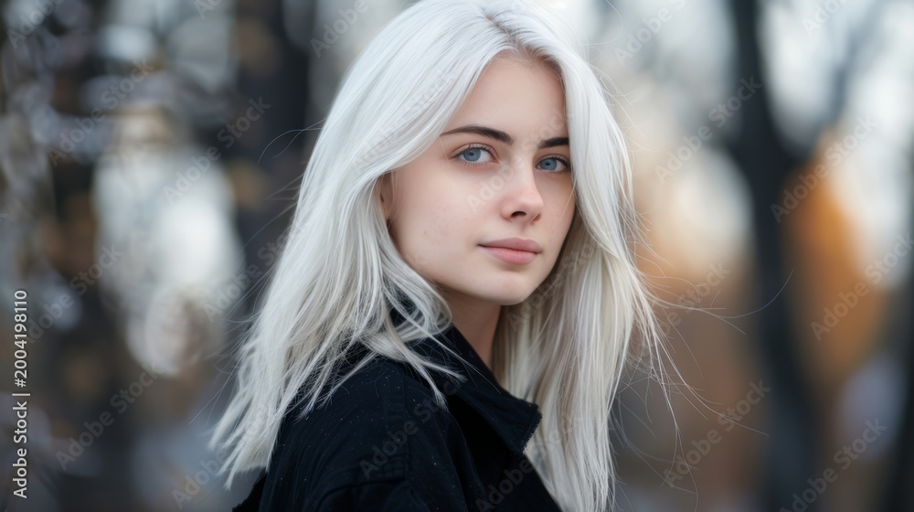 Obraz premium Young woman with long white hair wearing a black coat poses outdoors against a blurred background of trees and soft golden light during autumn season