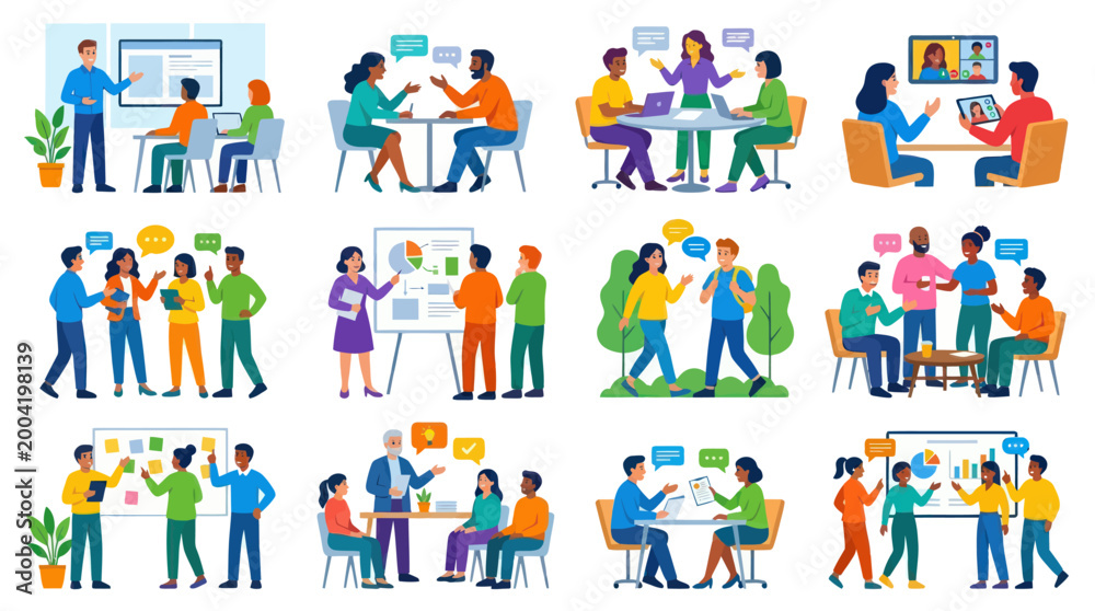 Fototapeta premium Business Team Meeting, Collaboration, Presentation, Flat Vector Style