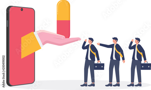 Hand from mobile offering medicine pill to professionals