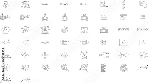 Foto 50 Minimalist Black Line Vector Icon Bundle for Software Development, DevOps, an