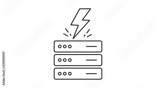 Obraz na plátně Chaos Engineering Minimalist Black Line Vector Icon of a Lightning Bolt Striking Server Racks on White Background, Representing System Failure, Power Surge, and Resilience with Editable Stroke