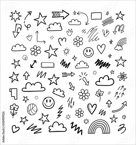 Whimsical doodle collection stars clouds hearts and playful hand drawn elements