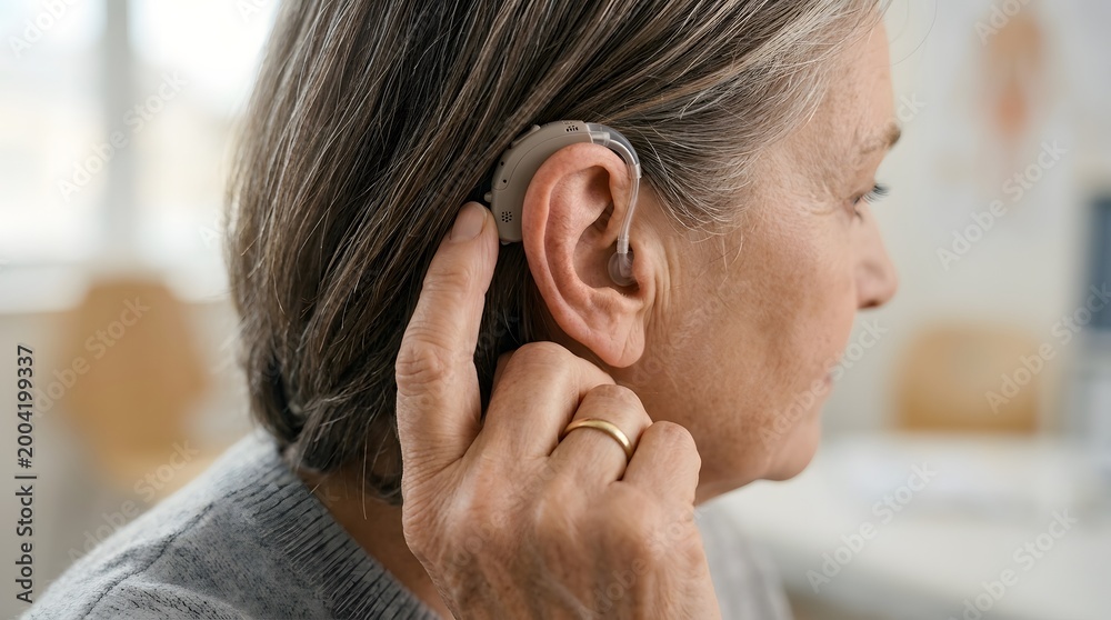 Fototapeta premium A person is sitting in a well-lit room, adjusting their hearing aid with one hand. They appear focused on getting it right while sitting calmly. The atmosphere is homey and cozy