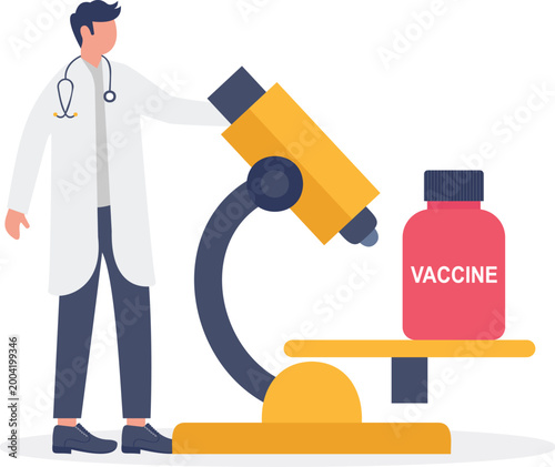 Doctor researching vaccine with giant microscope