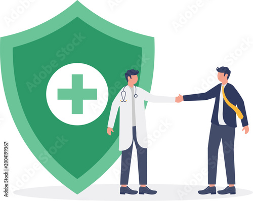 Doctor and professional shaking hands behind shield