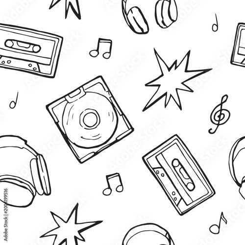 Retro music seamless pattern. Cassette tape, CD player, headphones, music notes doodle vector. 90s 80s vintage nostalgia background for fabric, textile, wrapping.