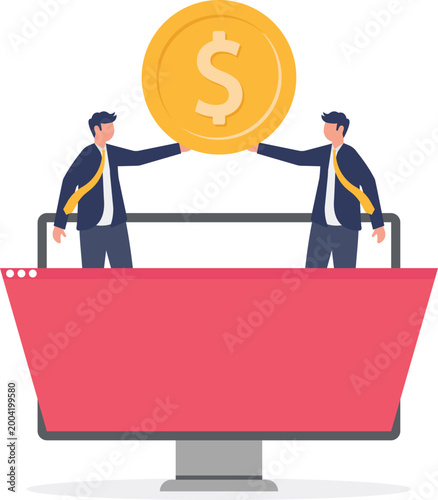 Professionals sharing dollar coin across digital screens