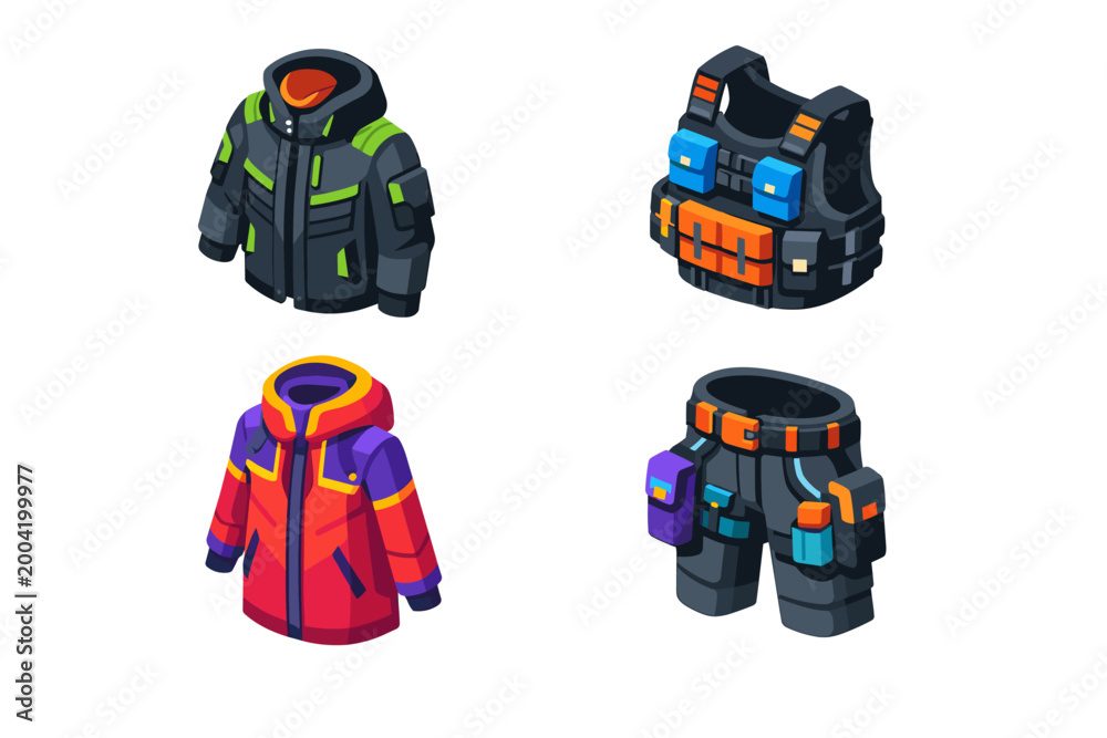 Naklejka premium 3D perspective tech-fashion wardrobe elements. Multi-colored tactical apparel like multi-pocket vests, future-style coats, and functional trousers. Ideal for gaming assets and interface UI.