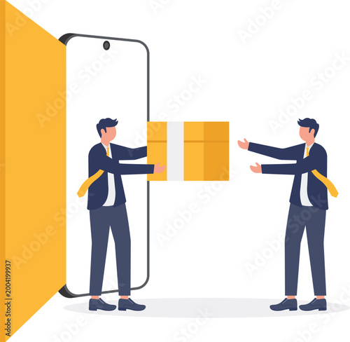 Professionals exchanging cardboard box through mobile portal