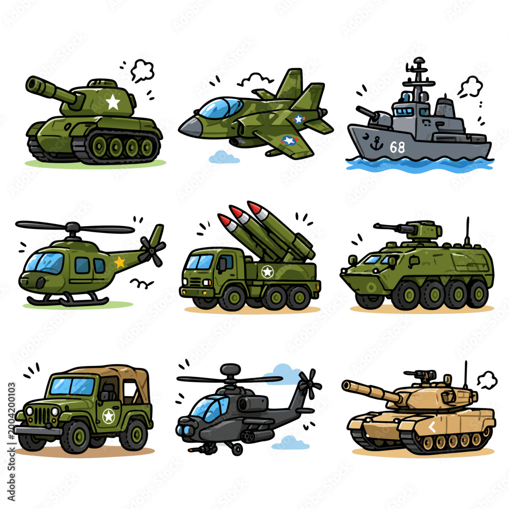 Fototapeta premium Colorful Doodle Military Vehicle Icon Set 3x3 Grid Flat Cartoon Style Vector Illustration