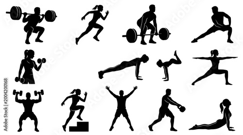 Fitness and Sport Silhouettes Set of People Exercising - Gym  Workout Glyphs