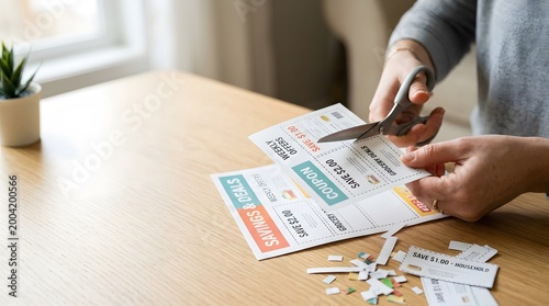 A person cuts out coupons for savings on groceries and other items at a wooden table. She gathers cut coupons and small scraps. Sunlight shines through the window