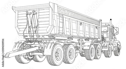 Wireframe illustration of a heavy-duty articulated dump truck with multiple axles and a large tipping trailer.