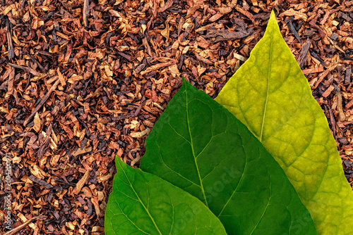 Bilde på lerret Leaves and dry tobacco blend together on a surface in a close-up view taken in d
