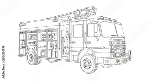 Detailed line art illustration of a fire truck with all its equipment visible, showcasing its complex design and functionality.
