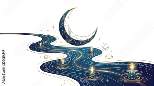 Abstract illustration of glowing crescent moon and floating diyas on a stylized blue river.