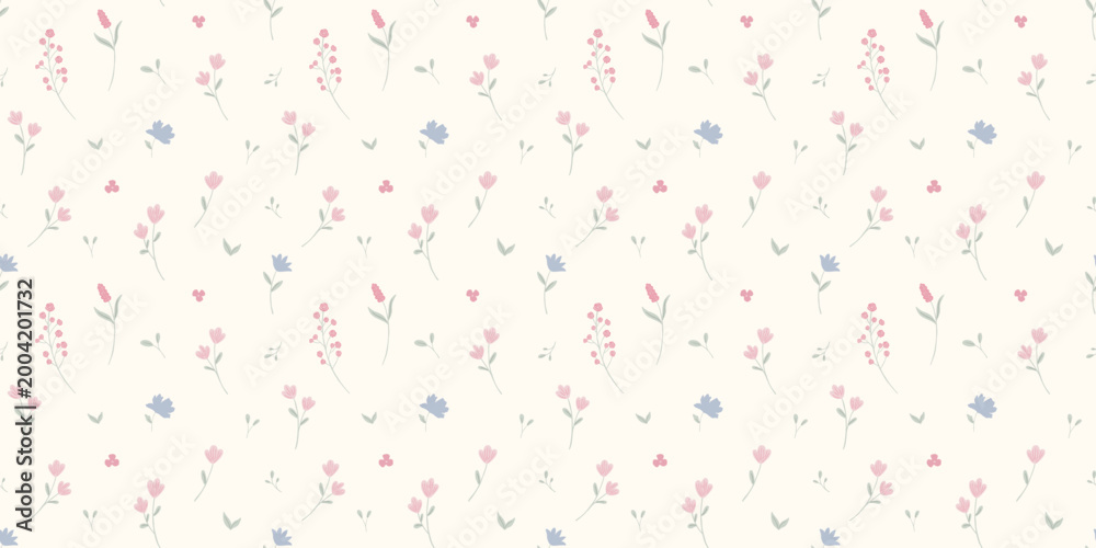 Obraz premium Seamless simple floral pattern with tiny flowers on beige background. Vector ditsy print for textiles, vintage wallpaper, and fabric blossom designs