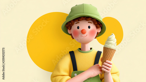 Cute cartoon boy in green hat holding ice cream on bright yellow abstract background with copy space. Concept of summer joy and childhood