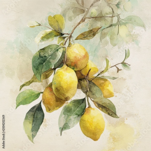 Watercolor Lemon Branch: Soft Yellow Lemons with Green Leaves in a Delicate Botanical Illustration