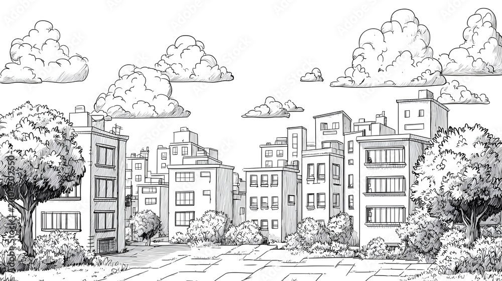 Obraz premium 4K urban landscape drawing with detailed skyscrapers and greenery photo