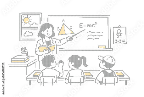 Hand drawn teacher in classroom illustration, female educator teaching math and science to students, school lesson vector with chalkboard