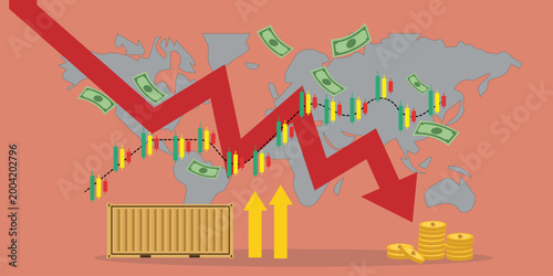 Global Trade Decline and Economic Recession Concept with Falling Arrow and World Map for Financial Crisis Illustration