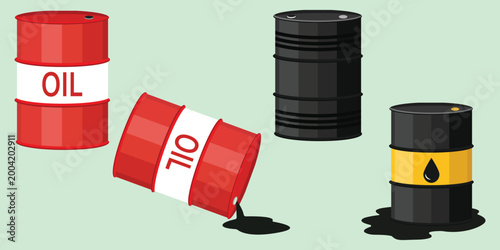 Oil Barrel Set Including Upright and Spilling Drums for Energy Industry and Petroleum Commodity Concept Vector Illustration