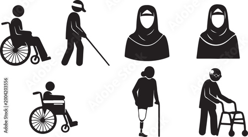 Woman profile silhouette set, female head icons with hijab and ponytail, vector avatars