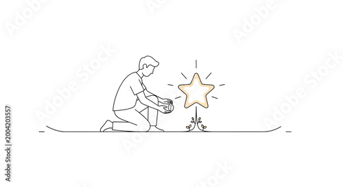 A person kneels while planting a glowing star-shaped sprout into the ground, depicted in a simple black line art style against a clean white background.