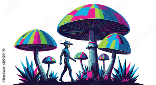 A retro-futurist astronaut walks through a surreal landscape of giant colorful patterned mushrooms and abstract foliage in a vibrant digital illustration.
