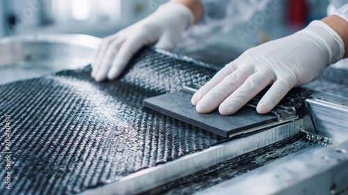 An aerospace composite carbon fiber panel manual layup process.