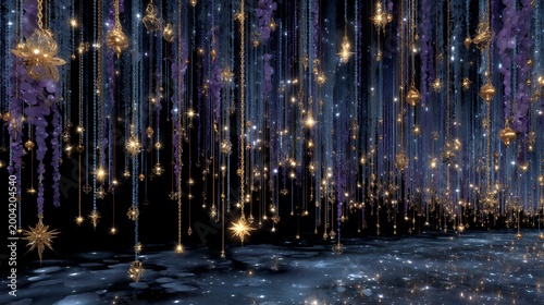 Luminous Azure Canopy: Crystal, Gold, and Amethyst Hanging Installation Art