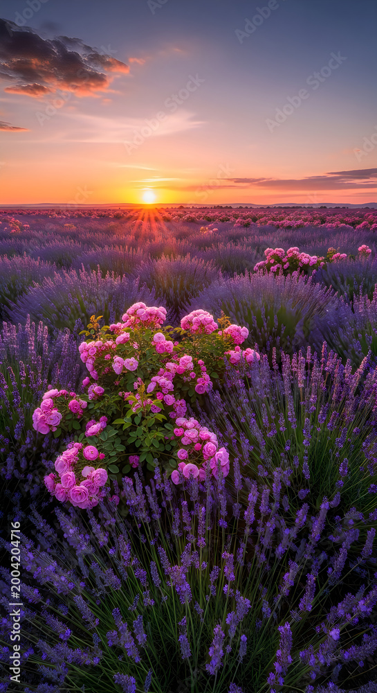 Fototapeta premium vibrant pink wildflowers in golden sunset over misty lavender field