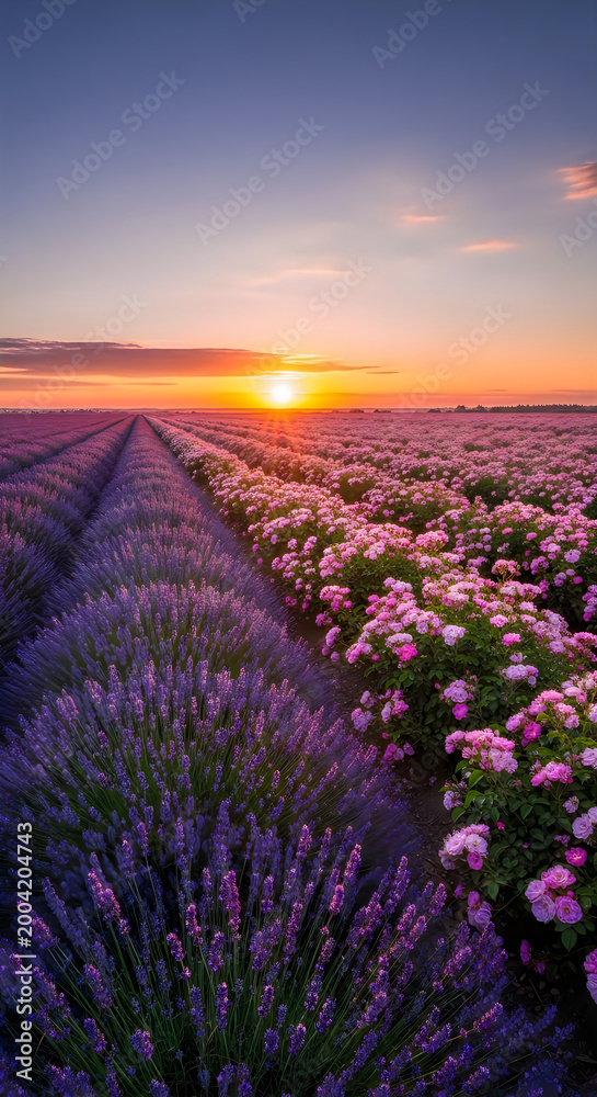 Obraz premium sunset over lavender field with railway tracks and golden light