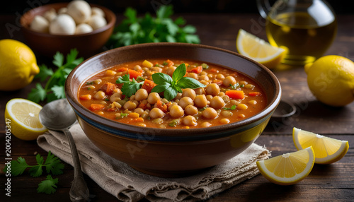 Rustic bowl of chickpea tomato stew with lemon wedges.