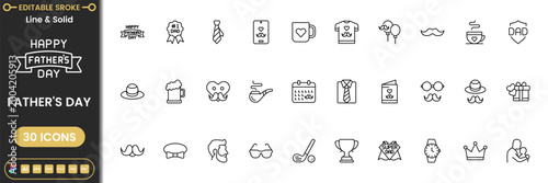 Fathers day icon set with dad gifts, tie, mustache, love and celebration symbols modern outline vector collection for greeting design