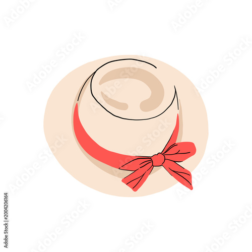 Women's summer hat with a red ribbon and bow. Vector illustration on a white background.
