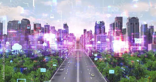Futuristic smart city with digital wireframe effects and technology icons. Technology Related 3D Animation.