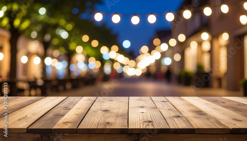 Rustic wooden tabletop with bokeh lights on festive outdoor street at night.