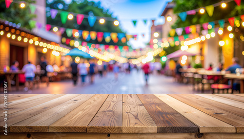 Empty wooden table with bokeh lights at outdoor street festival.