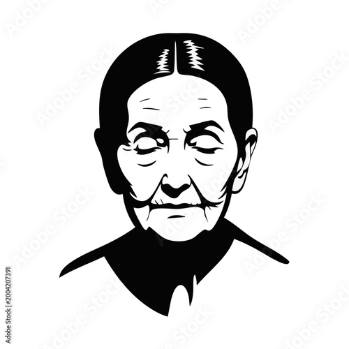 Portrait of an elderly woman with closed eyes. High contrast black and white vector illustration. Graphic stencil style icon for concepts of age and wisdom