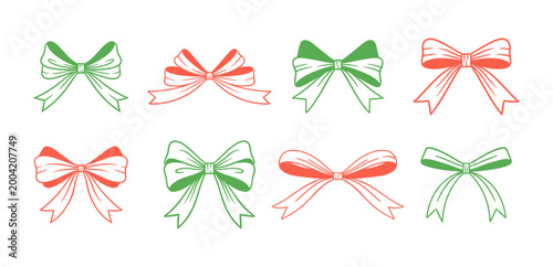 Coquette red and green bows set. Line art vintage ribbons. Ideal for birthday, wedding gift in retro style, charming holiday decoration. Doodle handdrawn lace, vector illustration.