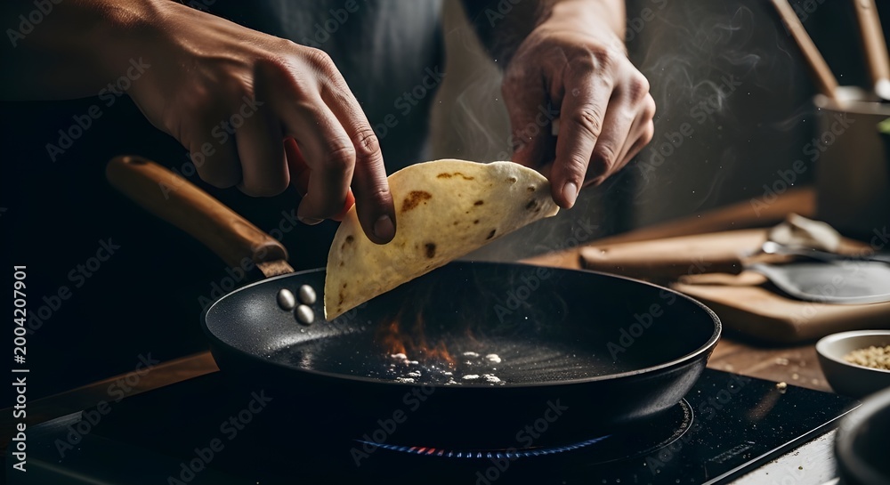 Fototapeta premium Chef heating a fresh flour tortilla in a hot frying pan with steam and fire