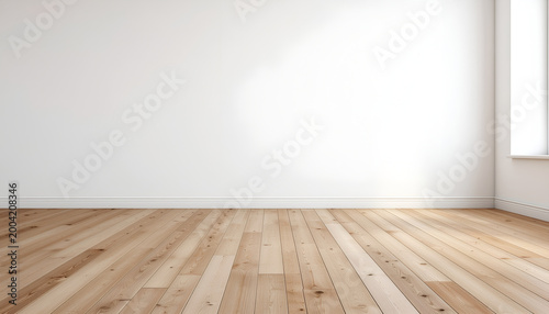 Bright empty room with white wall and wooden floor.