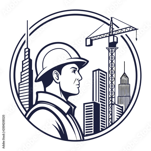 Retro cartoon vector illustration of a construction worker wearing a helmet working on a building roof