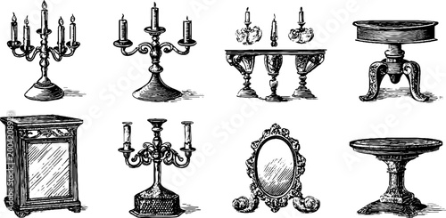 Vintage furniture and candelabra displayed on white surface