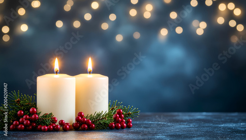 Two festive candles with berries and bokeh lights.