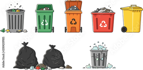 Waste Management and Recycling Bin Vector Set Featuring Colorful Trash Cans, Sorted Garbage Containers, and Black Plastic Trash Bags for Environmental Ecology and Sustainability Designs