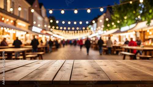 Empty wooden table at festive outdoor night market with bokeh lights.