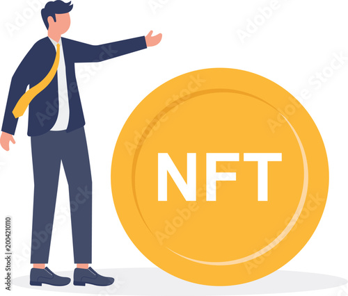 Professional standing with large gold NFT coin